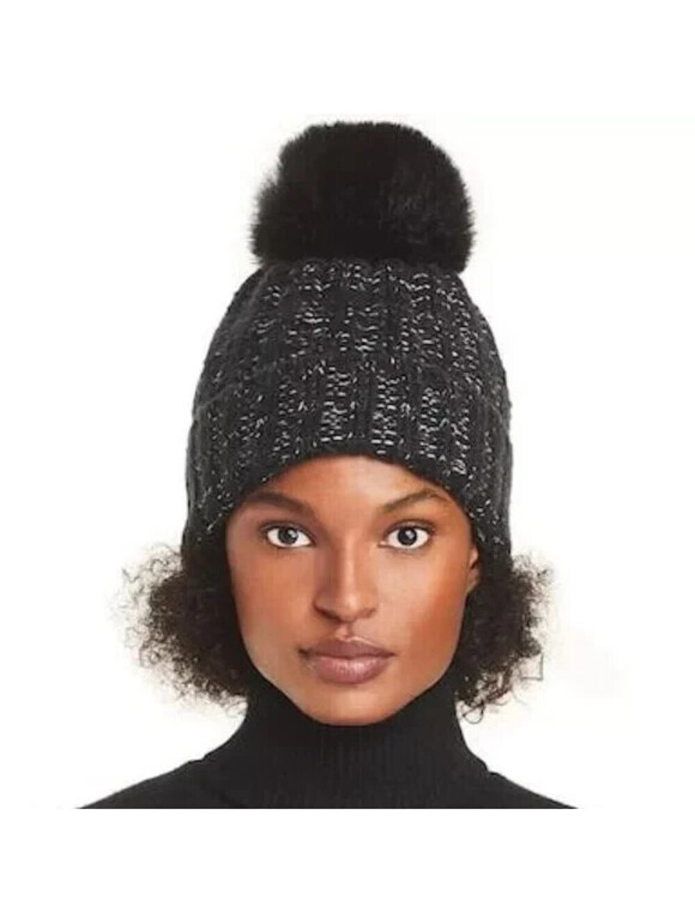 Kyi Kyi Knitted Women's Faux-Fur Pom Pom Beanie Hat, Black, One-Size, $65